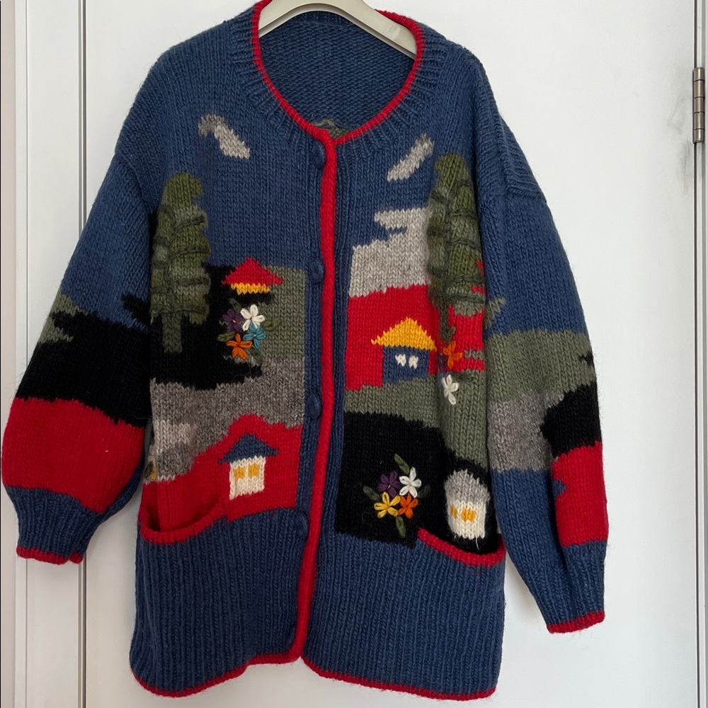 Inkantate Hand Knit 100% Wool Multi Colored Sweater Floral Heavy Cardigan